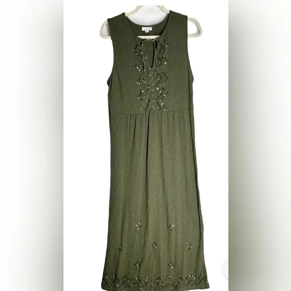 J. Jill M Olive Green Sequin Embellished Slvless 100% Cotton Women Maxi Sundress